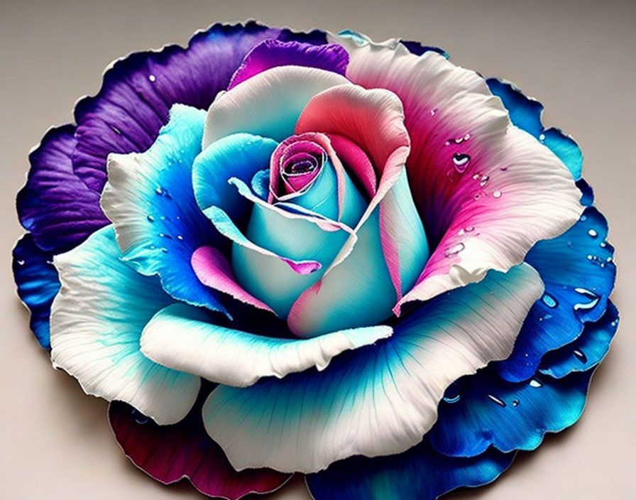 Multicolored Rose with Purple, Blue, and White Shades and Water Droplets