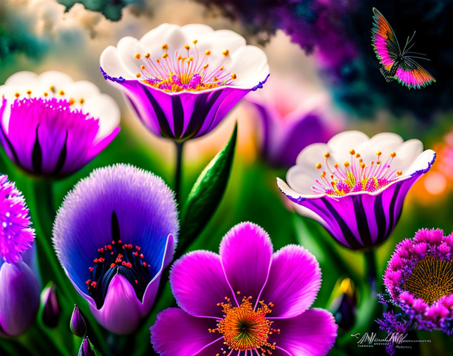 Colorful digital artwork featuring stylized flowers and butterfly on nature background