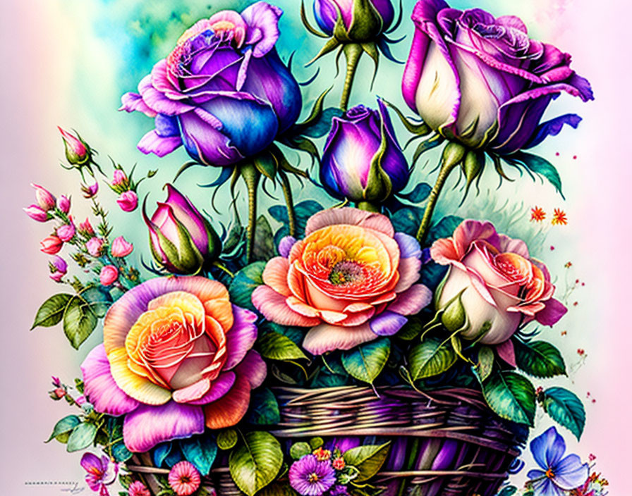 Colorful Illustrated Rose Bouquet in Basket on Pastel Background