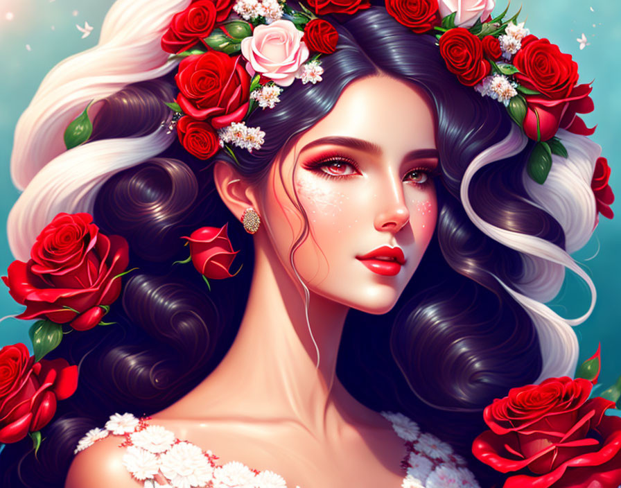 Illustration of woman with wavy hair and red roses in floral off-shoulder attire