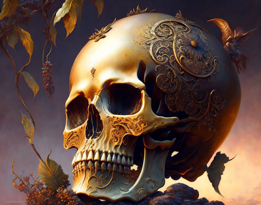 Golden skull with intricate designs on autumn leaves background.