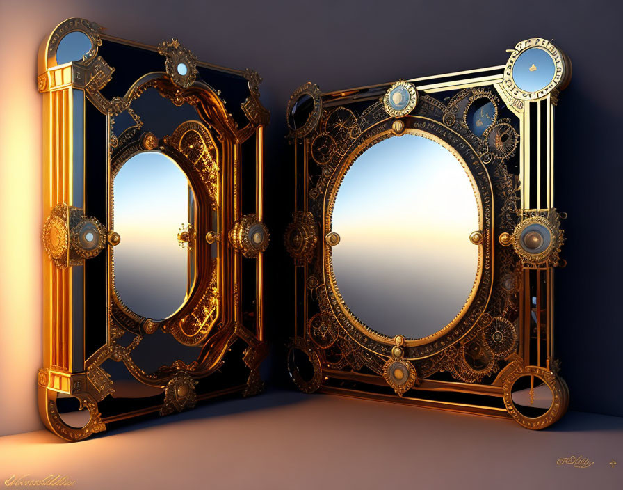 Intricate Steampunk Mirrors with Gear Details on Gradient Background
