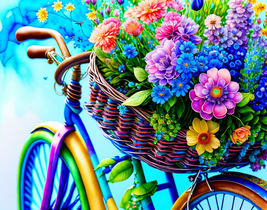 Vibrant bicycle illustration with bouquet of flowers on sky-blue background