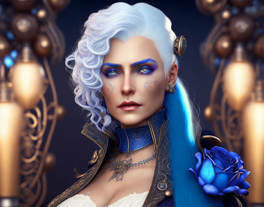 Digital artwork featuring woman with white-blue hair, blue eyes, tattoos, holding blue rose, ornate