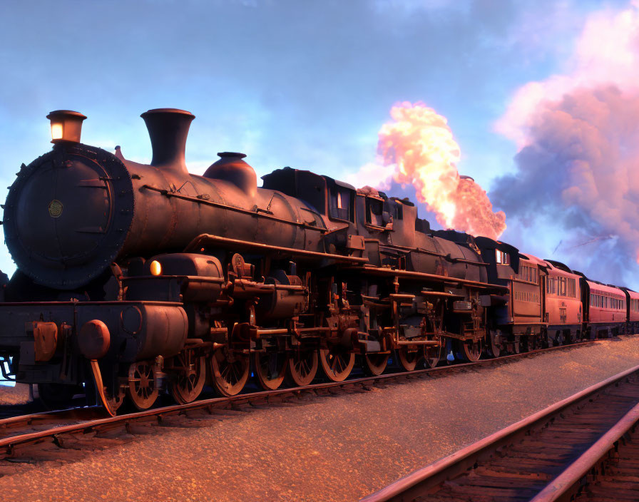Vintage steam locomotive on tracks at dusk emitting steam against pink and blue sky