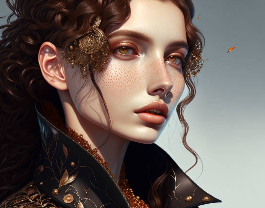 Detailed portrait of a woman with gold jewelry, freckles, and butterfly.