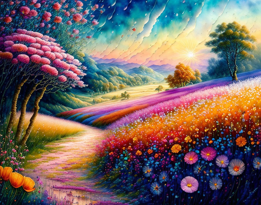 Colorful Landscape Painting with Flower Field, Starry Sky, and Sunset