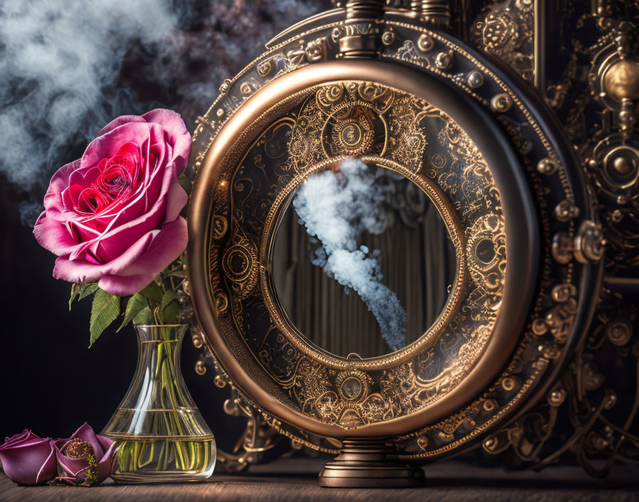 Golden mirror reflecting smoke, red rose in vase, and petals - mystical vintage aesthetic
