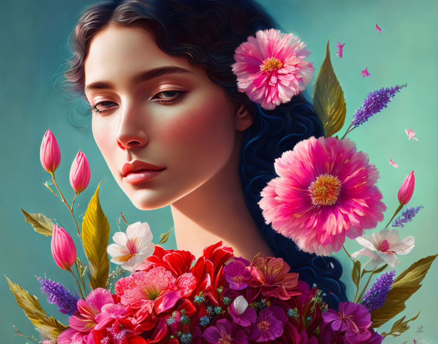 Digital art portrait of woman with blue hair and vibrant flowers in whimsical setting.