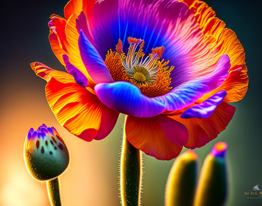 Colorful Poppy Flower with Orange and Purple Petals on Soft Background