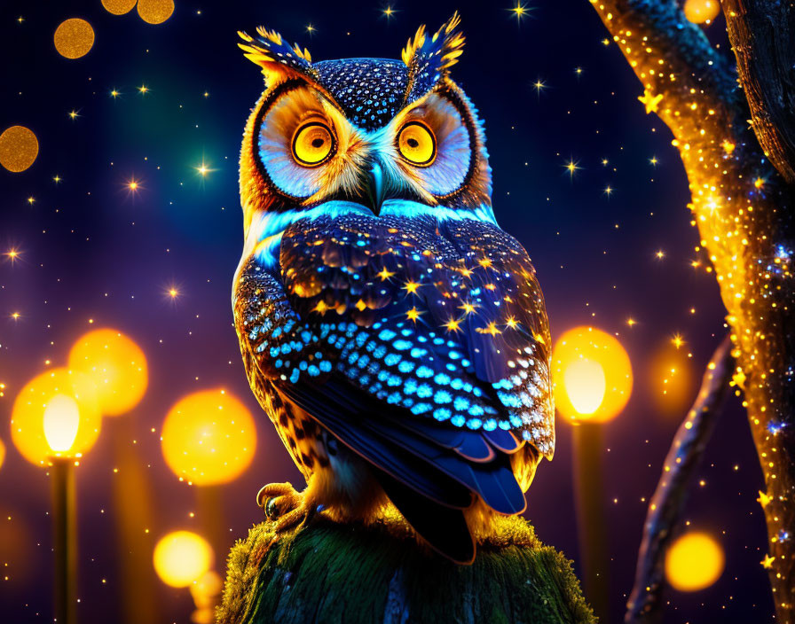 Colorful Stylized Owl Perched on Mossy Stump in Magical Night Scene