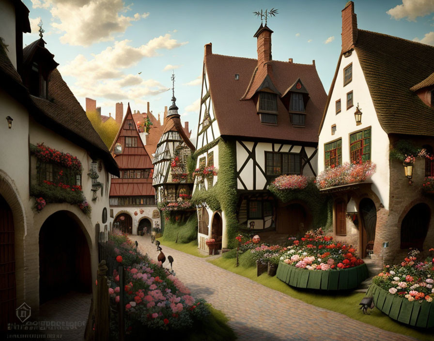 Medieval village street with half-timbered houses, floral decorations, cobblestone pavement,