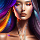 Colorful digital portrait of a woman with multicolored hair and ornate jewelry