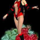 Woman in Red and White Floral Costume on Black Background