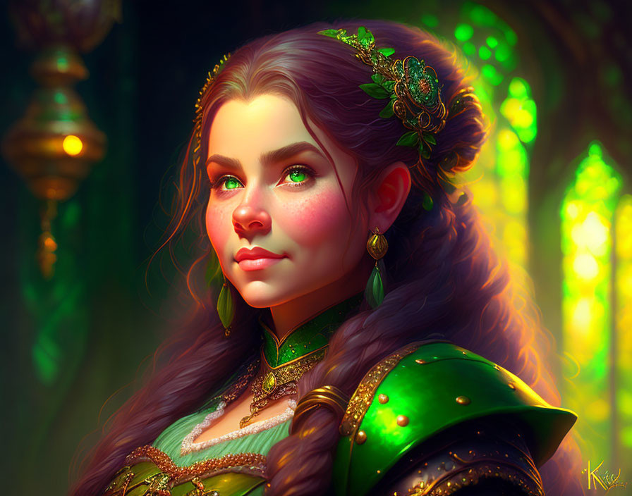 Digital portrait of woman in green armor with embellished hair in fantasy setting.