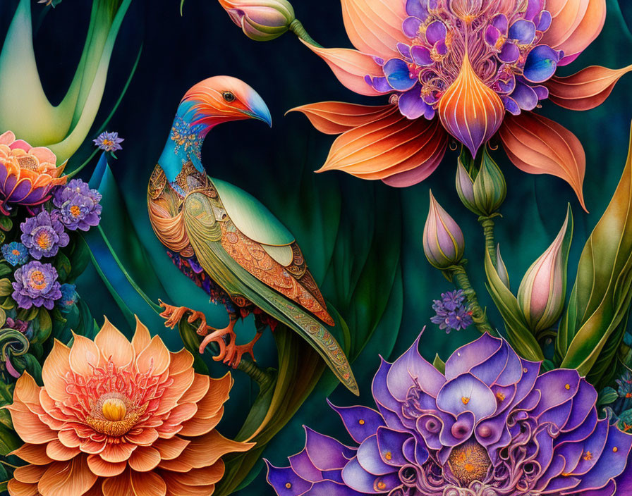 Colorful bird and flowers illustration with intricate patterns on dark background