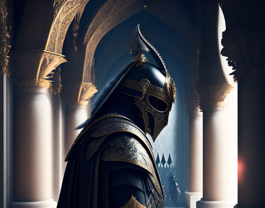 Ornate black-armored knight in dimly-lit historical corridor