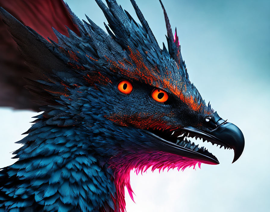 Fantasy dragon digital artwork with orange eyes, blue scales, and pink accents