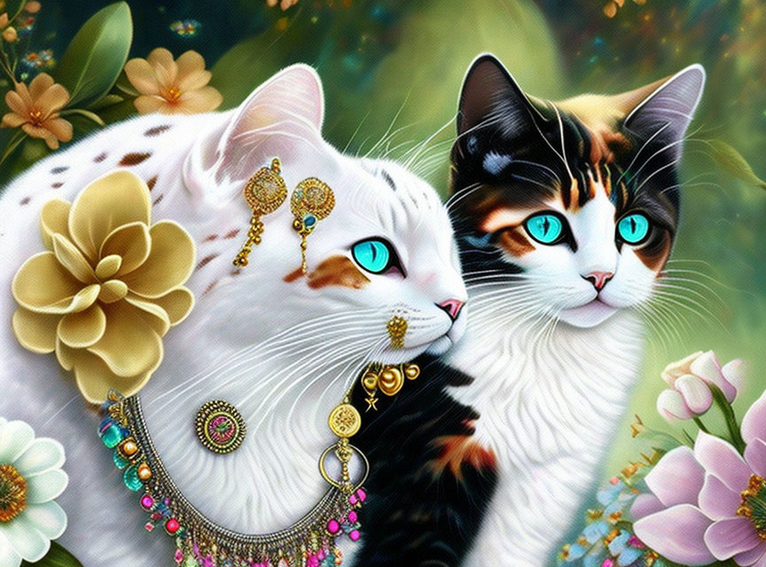 Elaborately Adorned Cats with Striking Blue Eyes on Vibrant Floral Background