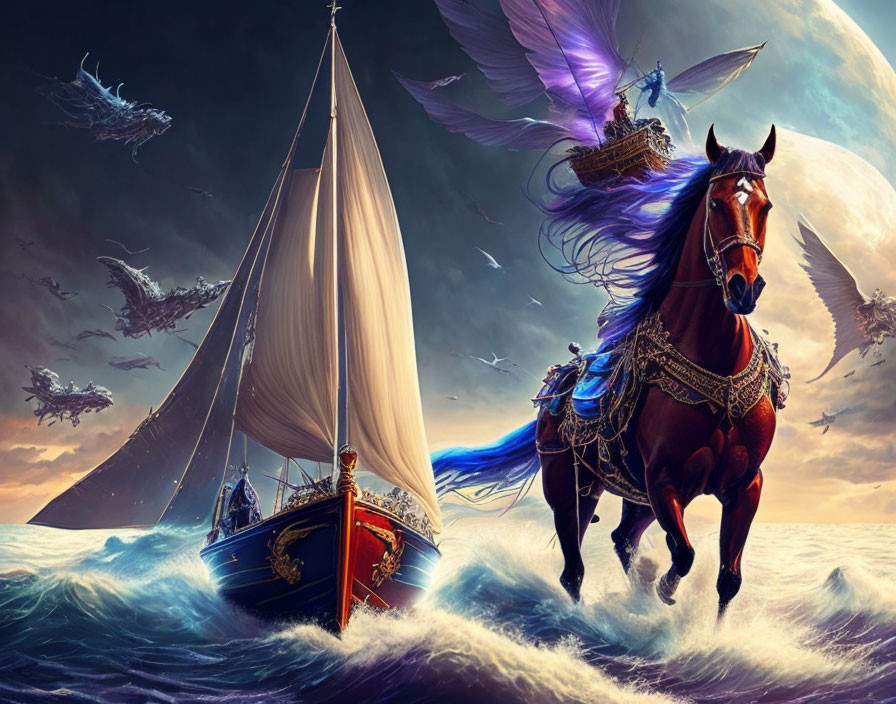 Majestic horse galloping on water beside sailing boat with ethereal beings under large moon