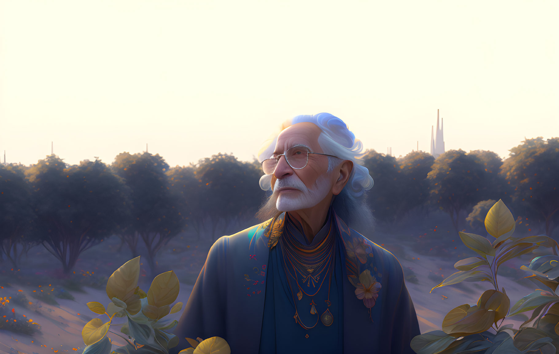 Elderly man with white hair and beard in serene landscape at dusk