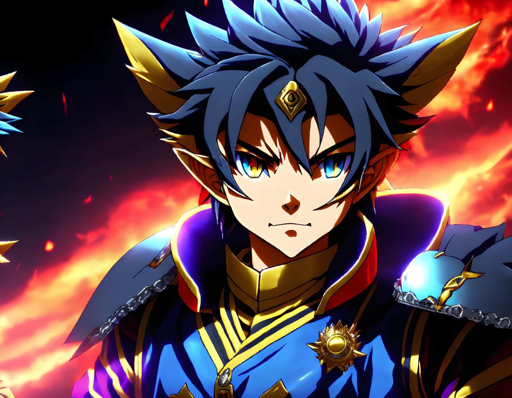 Anime character with spiky blue hair and golden blue armor in fiery background