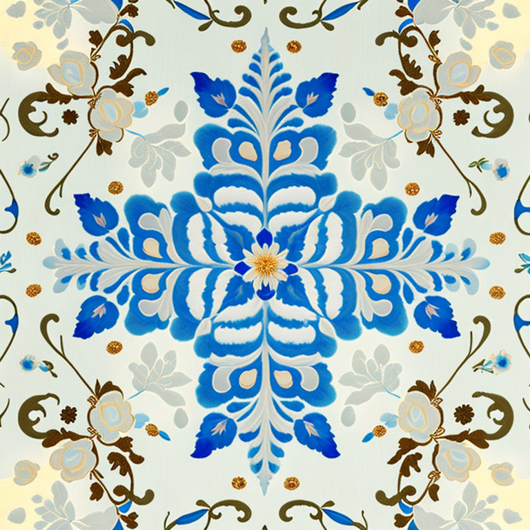 Symmetrical Blue and Brown Floral Pattern on Cream Background