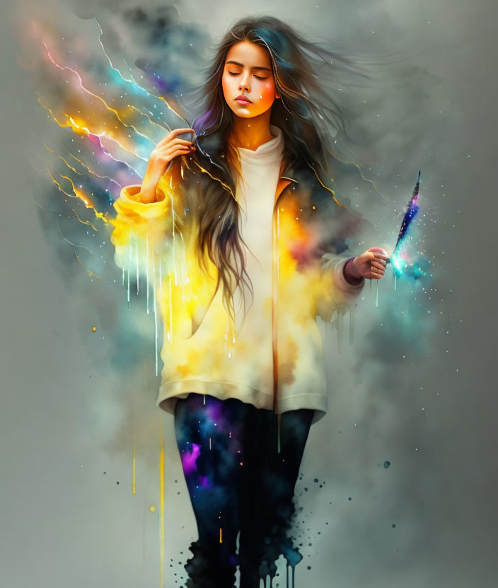 Flowing Hair Woman Paints with Vibrant Nebula Colors