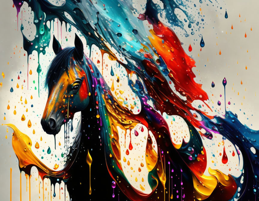 Colorful digital artwork: Horse with flowing mane on white background