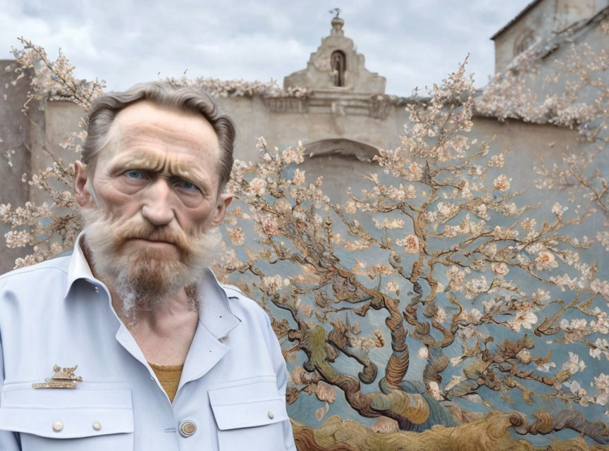 Elderly man with mustache and beard in front of blossoming tree mural