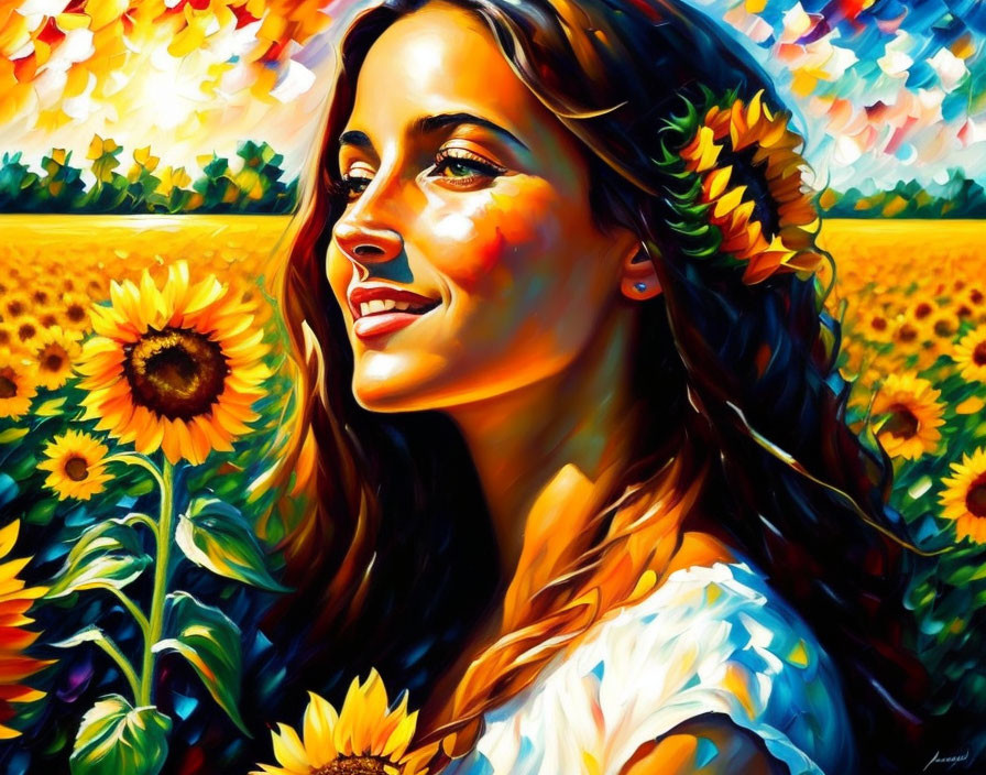 Colorful painting of woman with sunflower crown in sunflower field