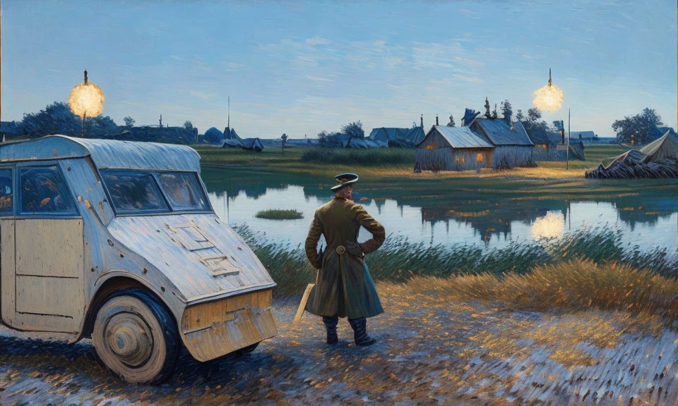 Stylized painting of figure by old-fashioned car at dusk