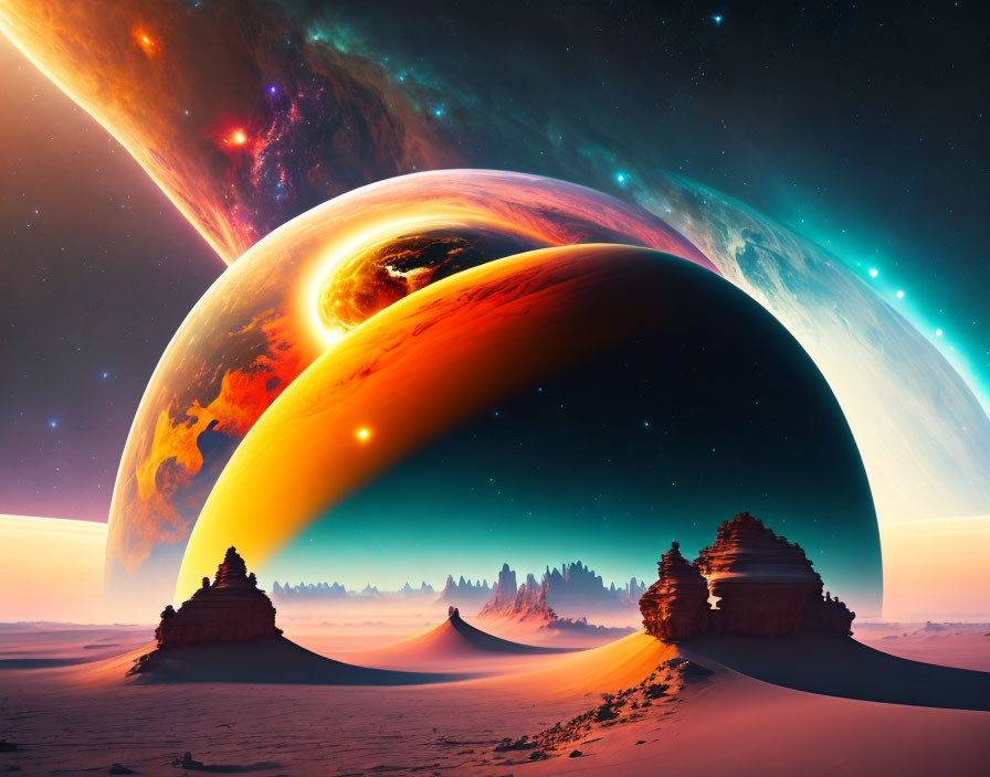 Colorful sci-fi desert landscape with massive planets and starry nebula.