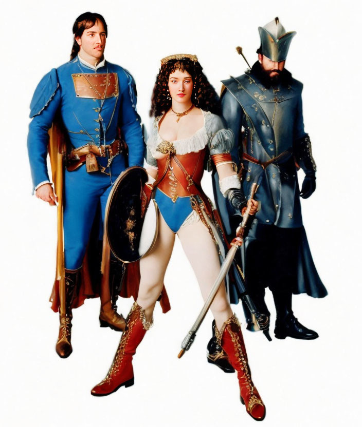 Three Renaissance-style individuals in knight armor and corset pose with weapons