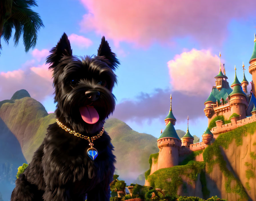 Whimsical castle with spires and mountain backdrop; animated black dog with blue collar in foreground