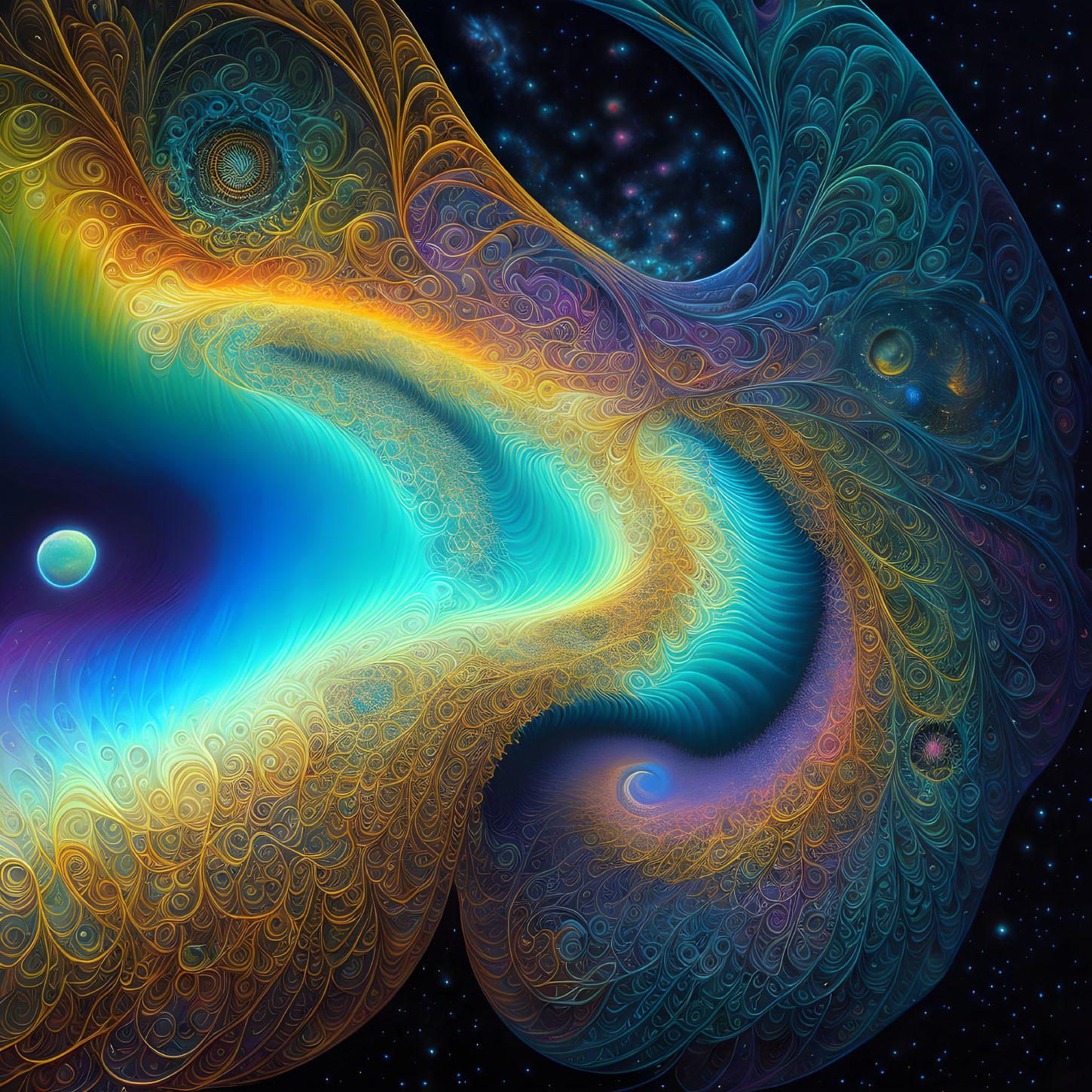 Colorful fractal art: swirling blues, oranges, and purples, cosmic starry space