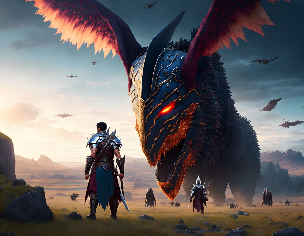Knight in armor confronts giant dragon in sunset-lit landscape with silhouetted figures.