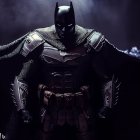 Detailed 3D Illustration of Batman in Armored Suit with Bold Bat-Symbol and Dramatic