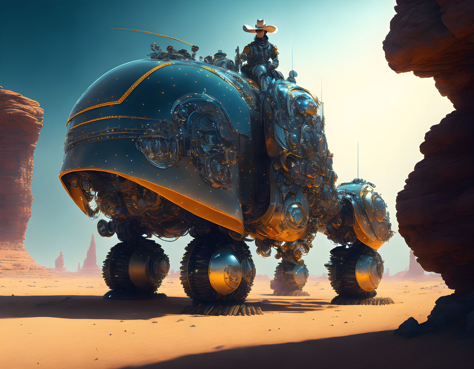 Futuristic cowboy on massive spherical vehicle in desert landscape