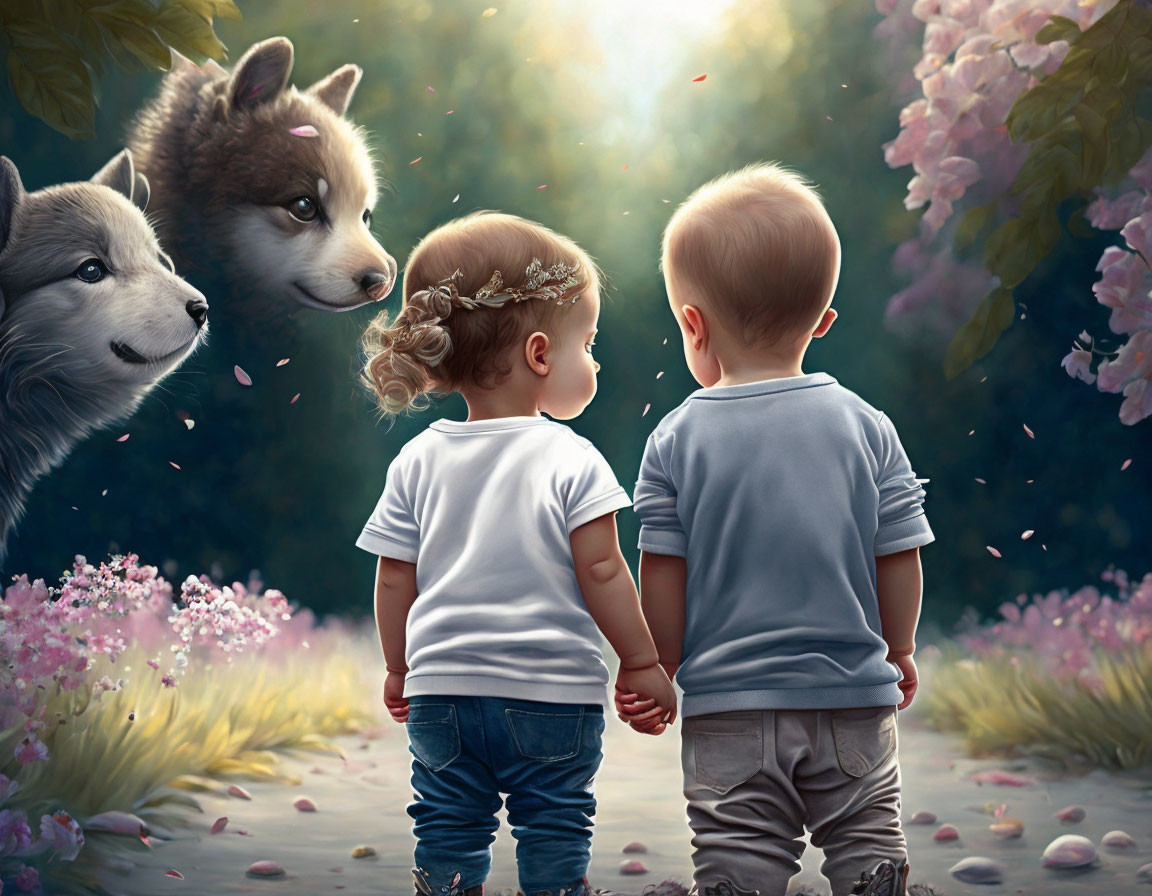 Two Toddlers Holding Hands with Huskies in Garden Scene