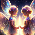 Ethereal girls with fairy wings and floral crowns in starry scene