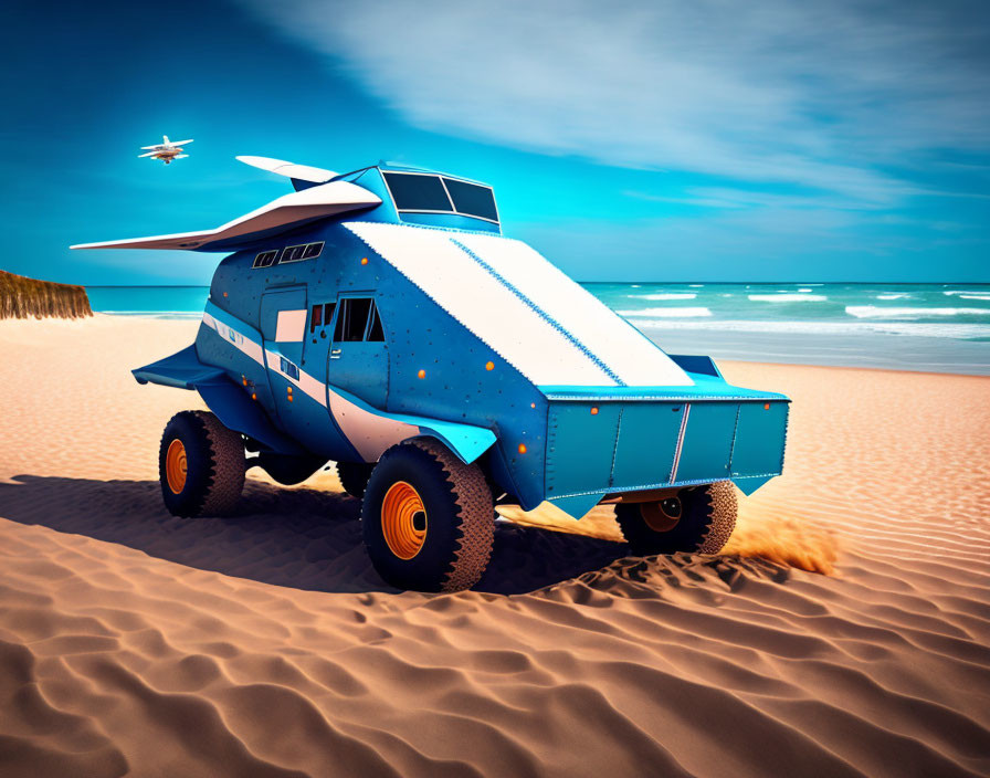 Futuristic blue vehicle with orange wheels on beach with surfboard and flying plane