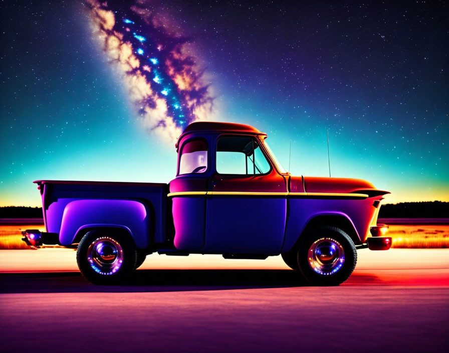 Classic Pickup Truck Under Starry Night Sky with Vibrant Colors