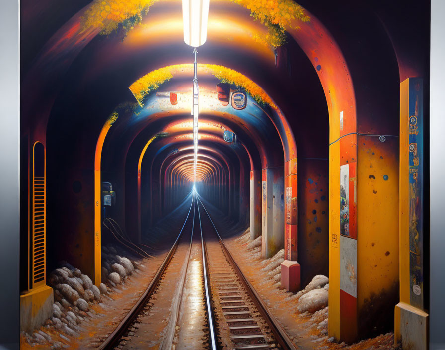 Colorful illuminated underground railway tunnel with orange walls and yellow foliage.