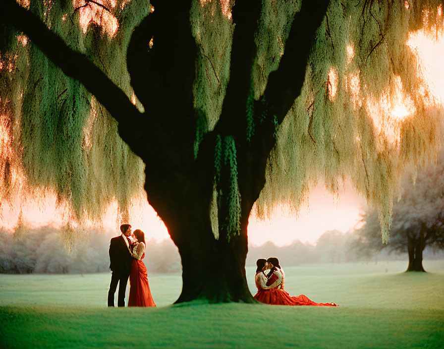 Elegant couple in red attire embracing under willow tree at sunset