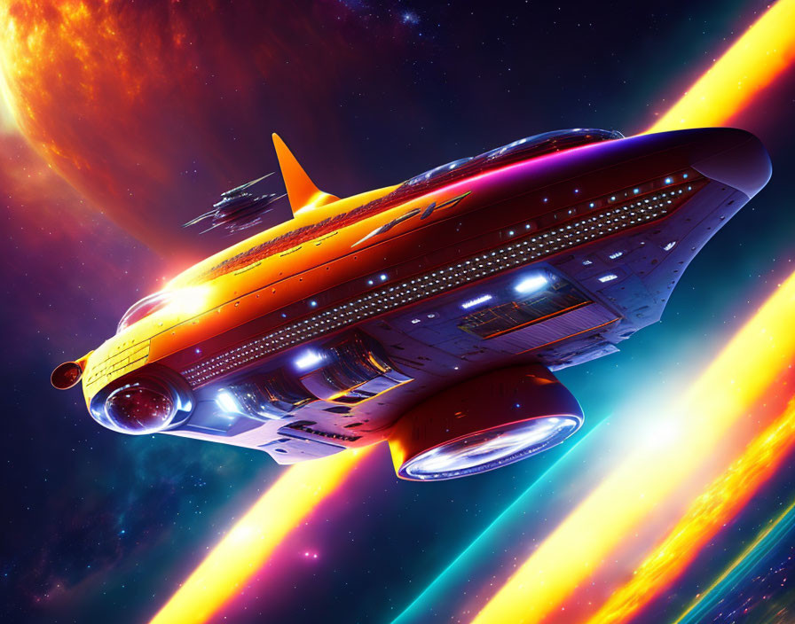 Futuristic spaceship artwork with colorful space nebulas