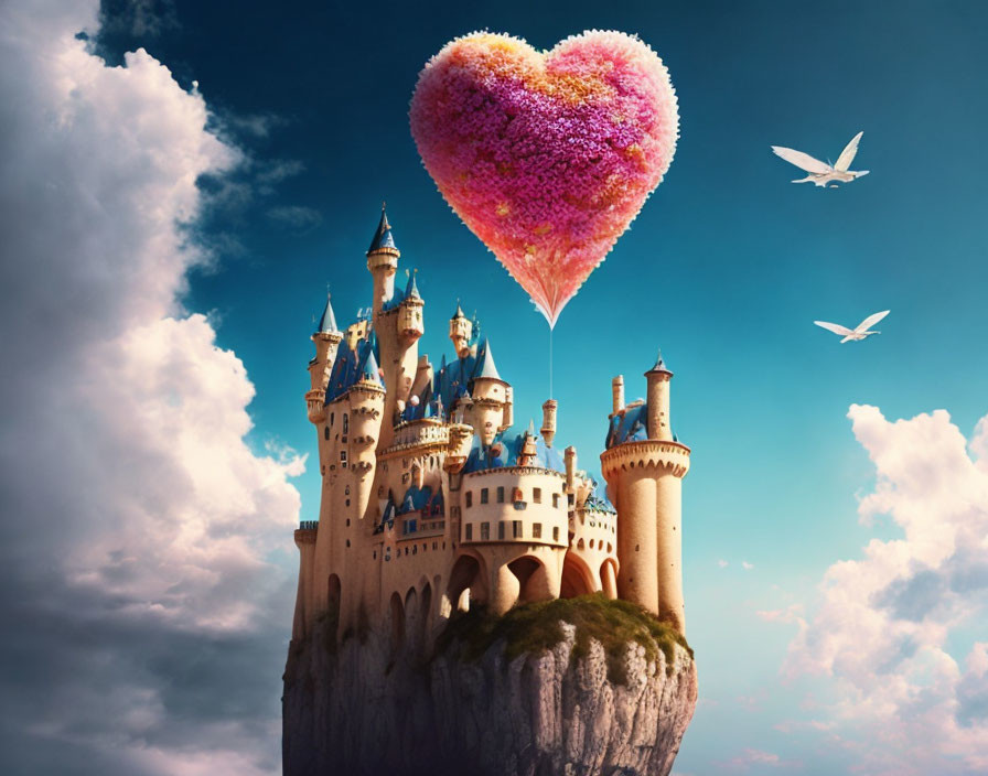 Fantastical castle on steep rock with heart-shaped balloon in vibrant sky