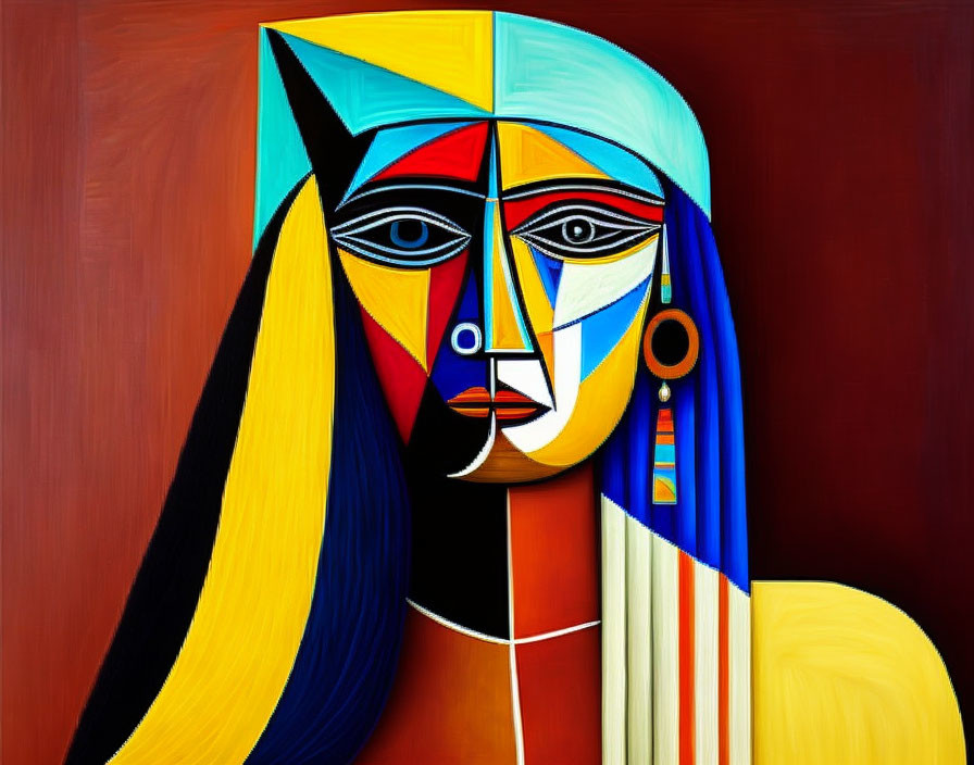 Cubist-style abstract painting of woman with split visage