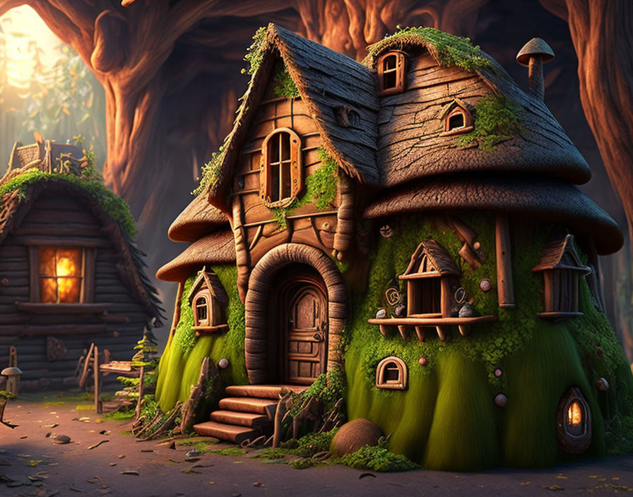 Whimsical mushroom-shaped houses in an enchanting forest