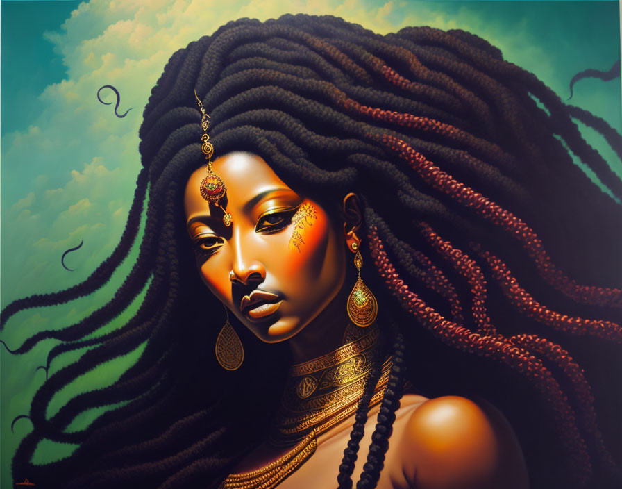 Portrait of woman with voluminous black dreadlocks and gold jewelry on green cloudy background